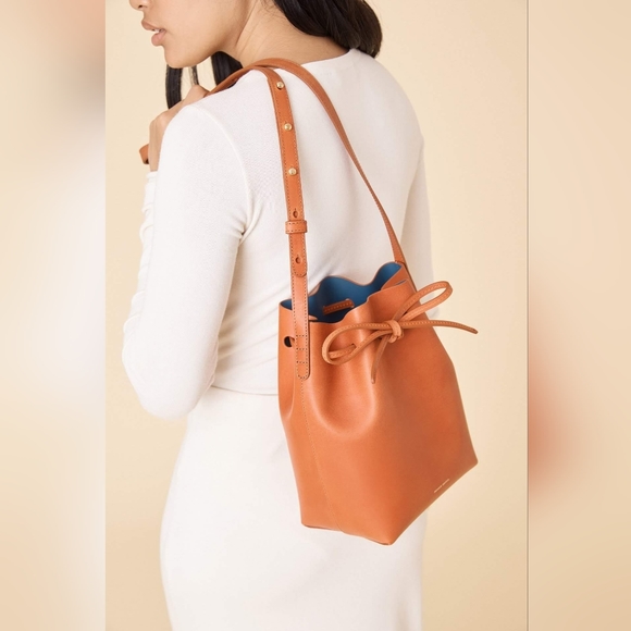 NWT Mansur Gavriel drawstring bucket leather bag in Brandy, Azure Interior - Picture 1 of 13